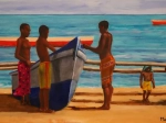 51 pirogues et enfants sur la plage