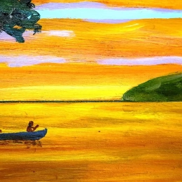 ciel jaune et pirogue bleue