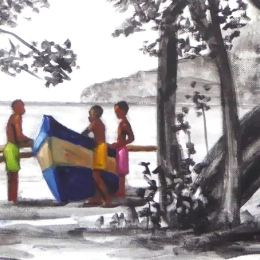 Enfants à plage et pirogue bleue détail