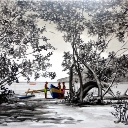 Enfants à plage et pirogue bleue