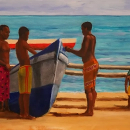 51 pirogues et enfants sur la plage